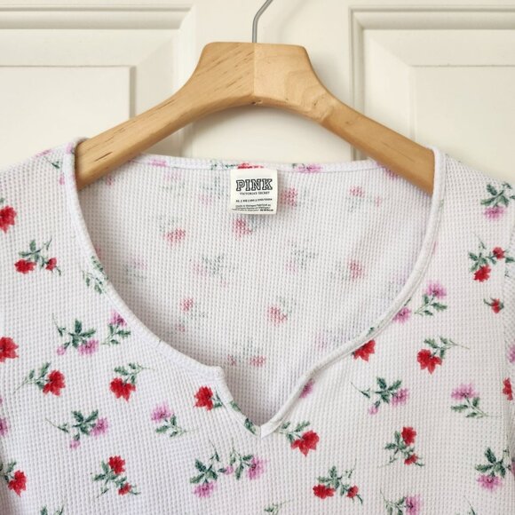 Victoria's Secret PINK Floral Thermal Waffle Knit Long Sleeve Crop Top Coquette - Picture 3 of 9